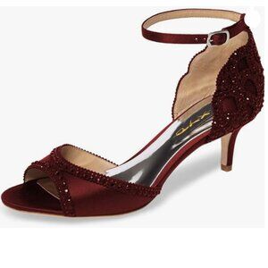 XYD Burgundy Beaded Ankle-Strap Kitten Heel Sandals